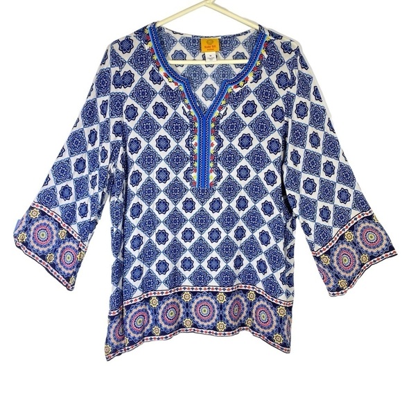 Ruby Rd. women's plus size 1X Riviera boho medallion blue white pullover top - Picture 1 of 7